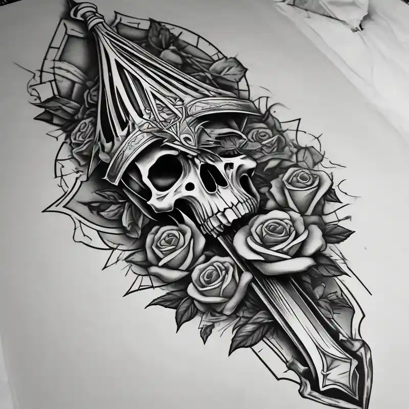 tattoo fool sleeve, old broken gothic home, broken sword, roses drake tattoos